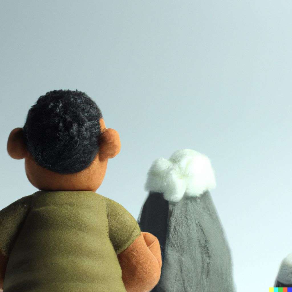 someone gazing at Mount Everest, claymation cartoon